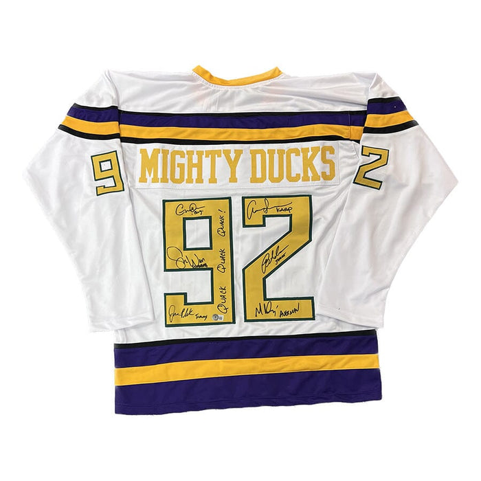 Mighty Ducks Cast Signed Custom White Jersey with "Quack, Quack, Quack" Signed Movie TSE Buffalo 