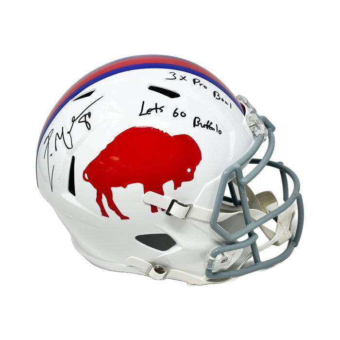 Eric Moulds Signed Buffalo Bills Full Size Standing Buffalo Speed Replica Helmet with Let's Go Buffalo and 3x Pro Bowl Signed Full Size Helmets TSE Buffalo 