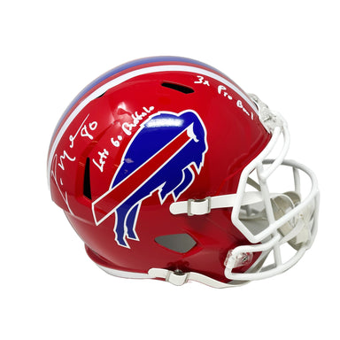 Eric Moulds Signed Buffalo Bills Full Size Red TB Speed Replica Helmet with Let's Go Buffalo and 3x Pro Bowl Signed Full Size Helmets TSE Buffalo 