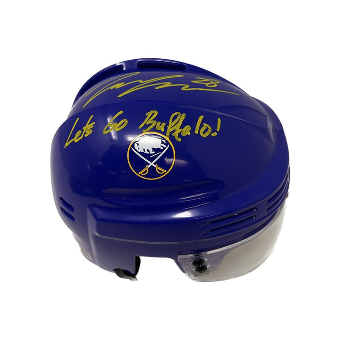 Zemgus Girgensons Signed Buffalo Sabres Blue Mini Helmet with "Lets Go Buffalo" Signed Hockey Mini Helmet TSE Buffalo 