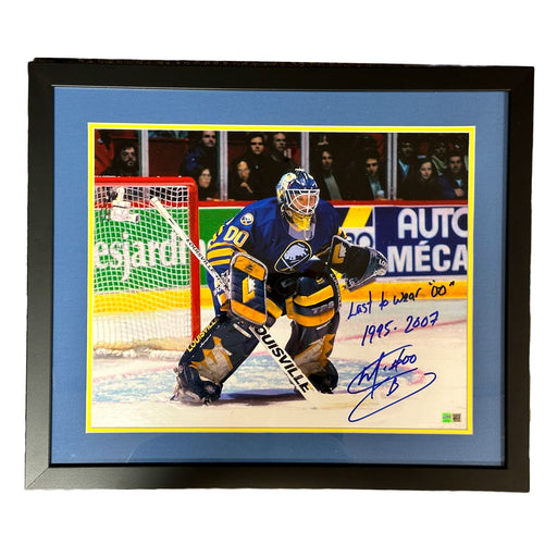 Marty Biron Signed In Goal 16x20 Photo w/ "Last To Wear 00" + "1995-2207"- Professionally Framed Signed Photos TSE Framed 