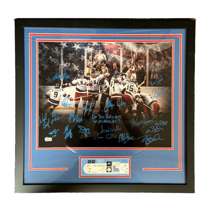Team USA 1980 Miracle on Ice Celebration Signed 20x24 Canvas with Replica Ticket w/ "Do You Believe In Miracles?"- Professionally Framed Signed Photos TSE Framed 