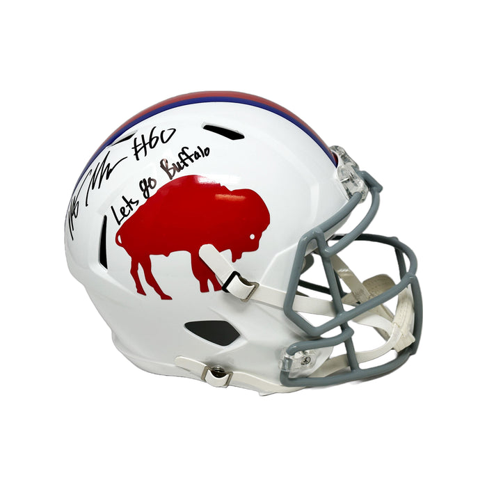 Mitch Morse Signed Buffalo Bills Standing Buffalo Speed Replica Full Size Helmet with Let's Go Buffalo Signed Full Size Helmets TSE Buffalo 