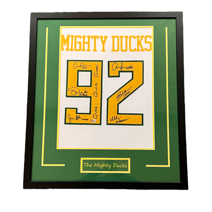 Mighty Ducks Cast Signed White Jersey Panel with "Quack Quack Quack" - Professionally Framed Signed Photos TSE Framed 