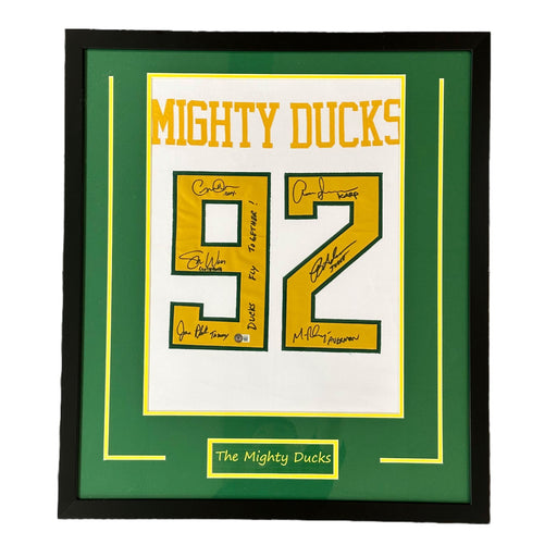 Mighty Ducks Cast Signed White Jersey Panel with "Ducks Fly Together" - Professionally Framed Signed Photos TSE Framed 
