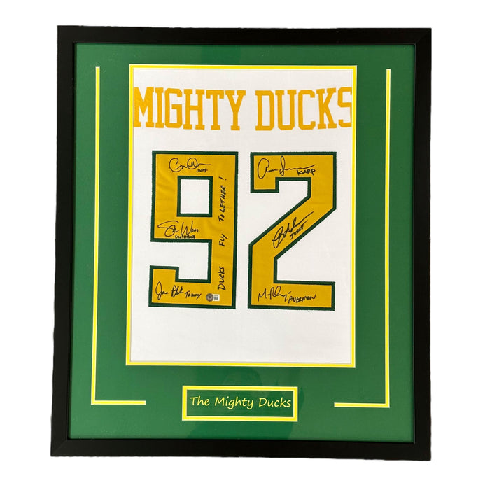 Mighty Ducks Cast Signed White Jersey Panel with "Ducks Fly Together" - Professionally Framed Signed Photos TSE Framed 