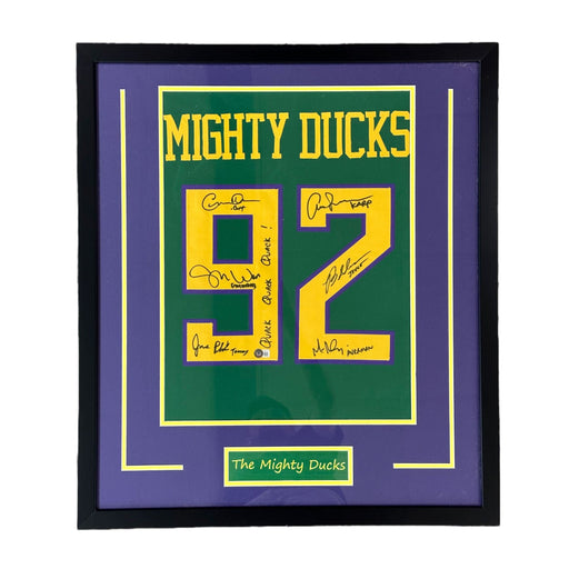 Mighty Ducks Cast Signed Green Jersey Panel with "Quack Quack Quack" - Professionally Framed Signed Photos TSE Framed 