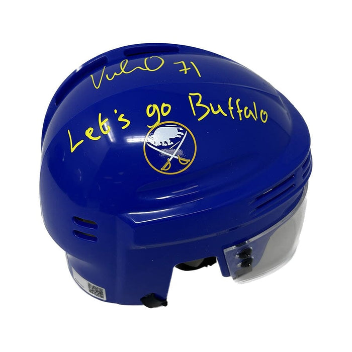 Victor Olofsson Signed Blue Sabres Mini Helmet with Lets Go Buffalo Signed Hockey Mini Helmet TSE Buffalo 