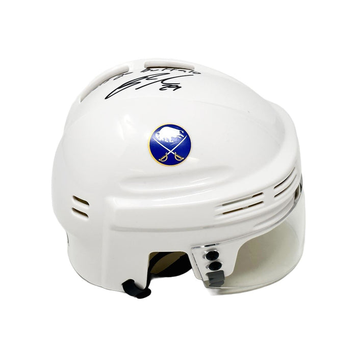Jason Pominville Signed Sabres White Mini Helmet with "Lets Go Buffalo" Signed Hockey Mini Helmet TSE Buffalo 