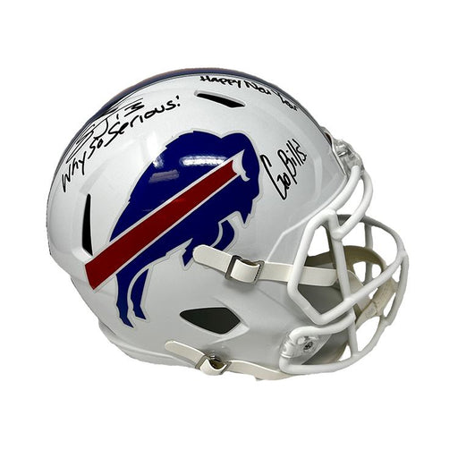 Stevie Johnson Signed Buffalo Bills Full Size Replica with Why So Serious!, Go Bills and Happy New Year Signed Mini Helmets TSE Buffalo 