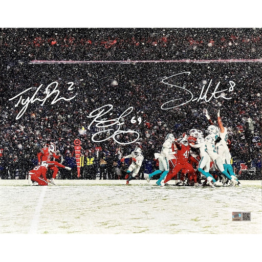 Tyler Bass, Reid Ferguson and Sam Martin Triple Signed Snow Photo Signed Photos TSE Buffalo 11x14 