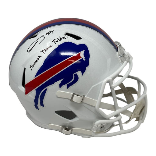 Spencer Brown Signed Buffalo Bills Full Size 2021 Speed Replica Helmet with Smash Those Tables Signed Full Size Helmets TSE Buffalo 