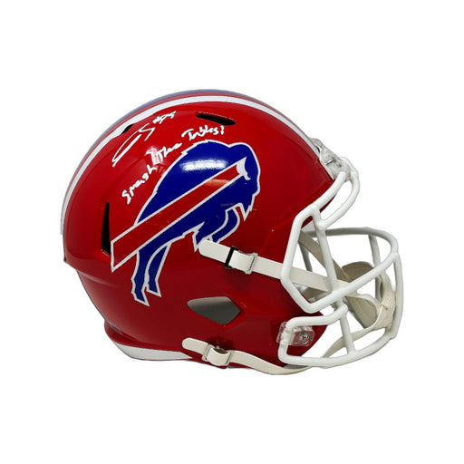 Spencer Brown Signed Buffalo Bills Full Size Red TB Speed Replica Helmet with Smash Those Tables Signed Full Size Helmets TSE Buffalo 