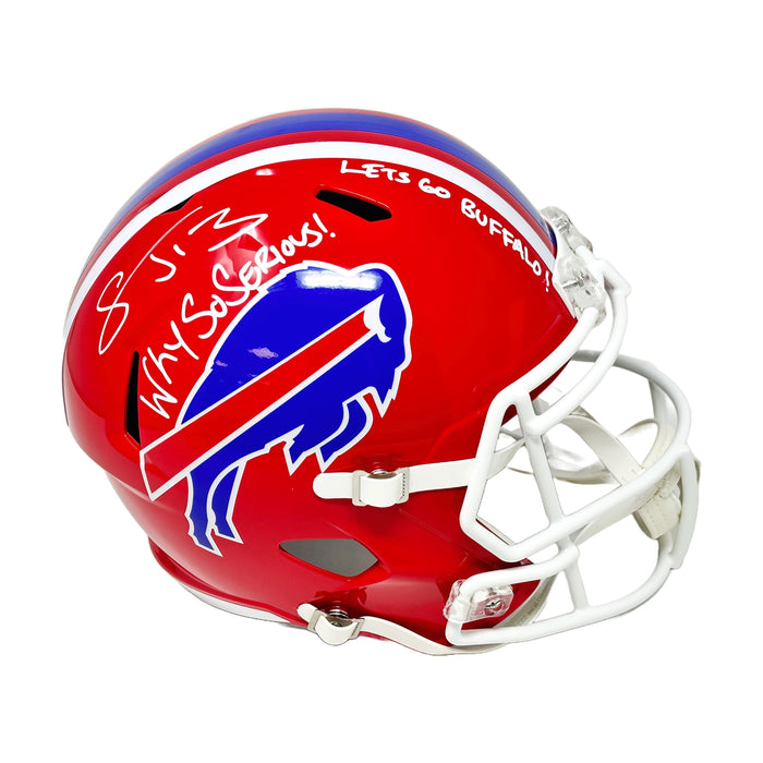 Stevie Johnson Signed Buffalo Bills Full Size Red TB Speed Replica Helmet with Why So Serious and Let's Go Buffalo ! Signed Mini Helmets TSE Buffalo 