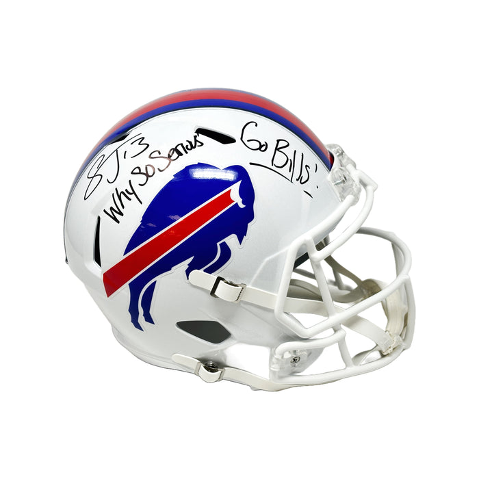 Stevie Johnson Signed Buffalo Bills Full Size 2021 Speed Replica Helmet with Why So Serious and Go Bills! Signed Mini Helmets TSE Buffalo 