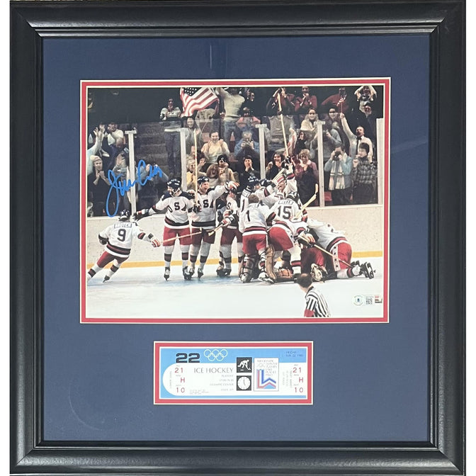Jim Craig Signed Olympic Hockey Team Celebration Professionally Framed 11x14 Photo with Replica Ticket Signed Photos TSE Framed 