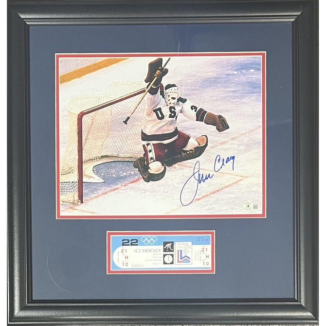 Jim Craig Signed Olympic Hockey Team Jumping Celebration Professionally Framed 11x14 Photo with Replica Ticket Signed Photos TSE Framed 