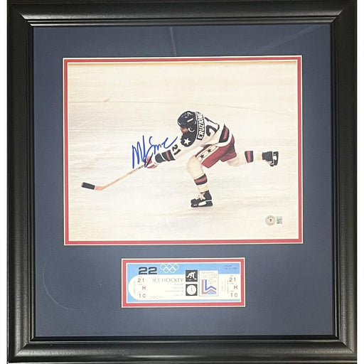 Mike Eruzione Signed Olympic Hockey Team Professionally Framed 11x14 Photo with Replica Ticket Signed Photos TSE Framed 