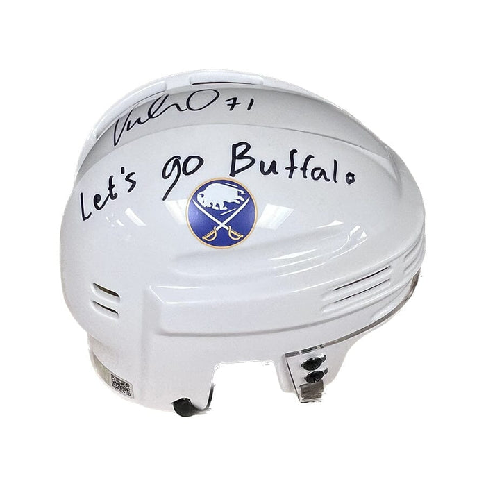 Victor Olofsson Signed White Sabres Mini Helmet with Lets Go Buffalo Signed Hockey Mini Helmet TSE Buffalo 